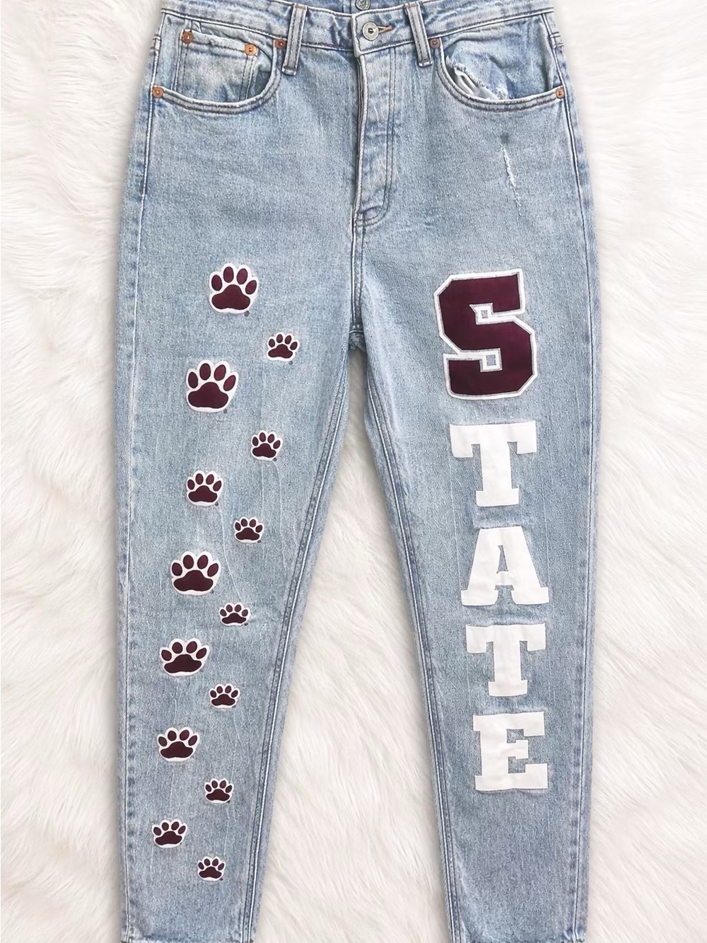 Light Wash Jeans with Maroon Paw Prints & 'STATE' Lettering NWT Size 26